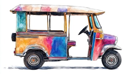 Obraz premium Colorful Watercolor Painting Of A Thai Tuk Tuk
