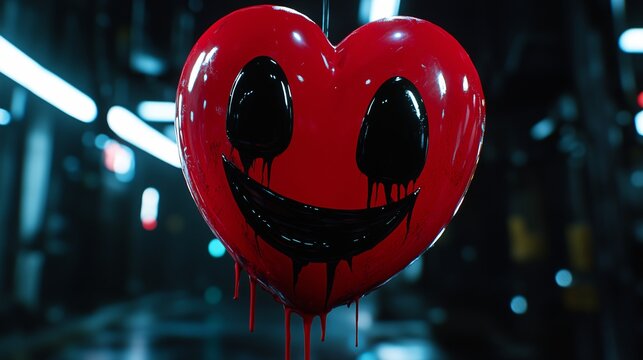 Smiling red heart with black drips in a moody setting, blending love with dark urban aesthetics
