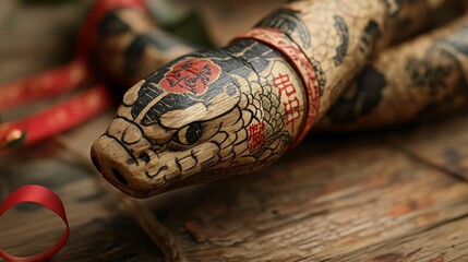 Close up of wooden snake with intricate carved patterns and red Chinese calligraphy. Lunar New Year
