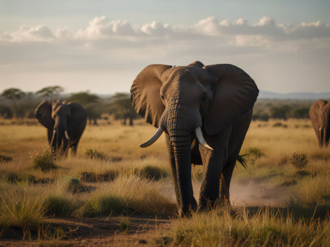 A herd of African elephants walking across the savannah