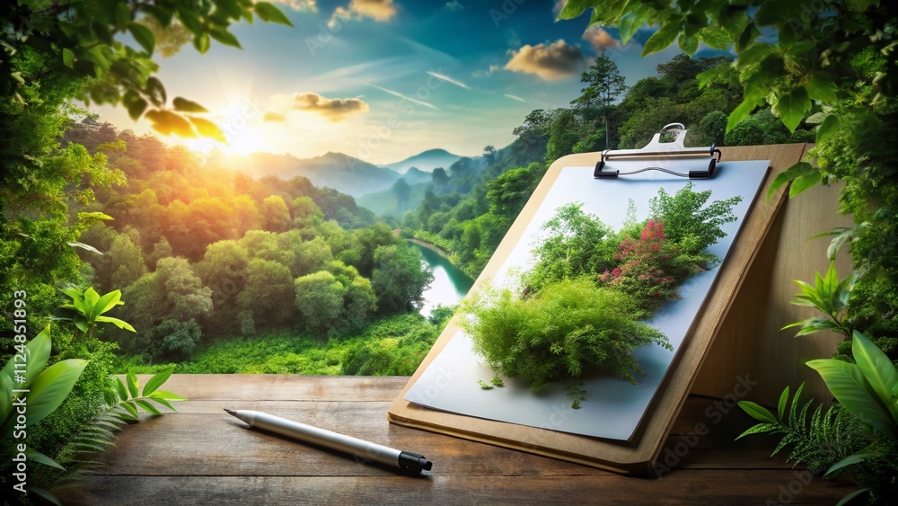 Aufkleber captivating double exposure of a clipboard with a note merging nature and office elements for a uniq