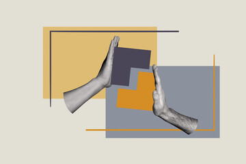 Creative photo poster trend art collage image of hands hold puzzle piece half element cooperation...