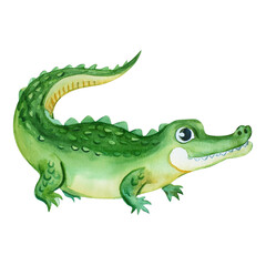 Naklejka premium Adorable Cartoon Crocodile Illustration Watercolor Style Reptile Wildlife Animal