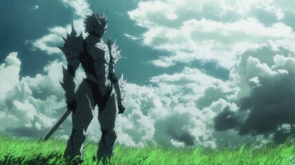 Fototapeta premium An anime warrior in spiked body armor standing on a green field with gray clouds and a sword behind his back,