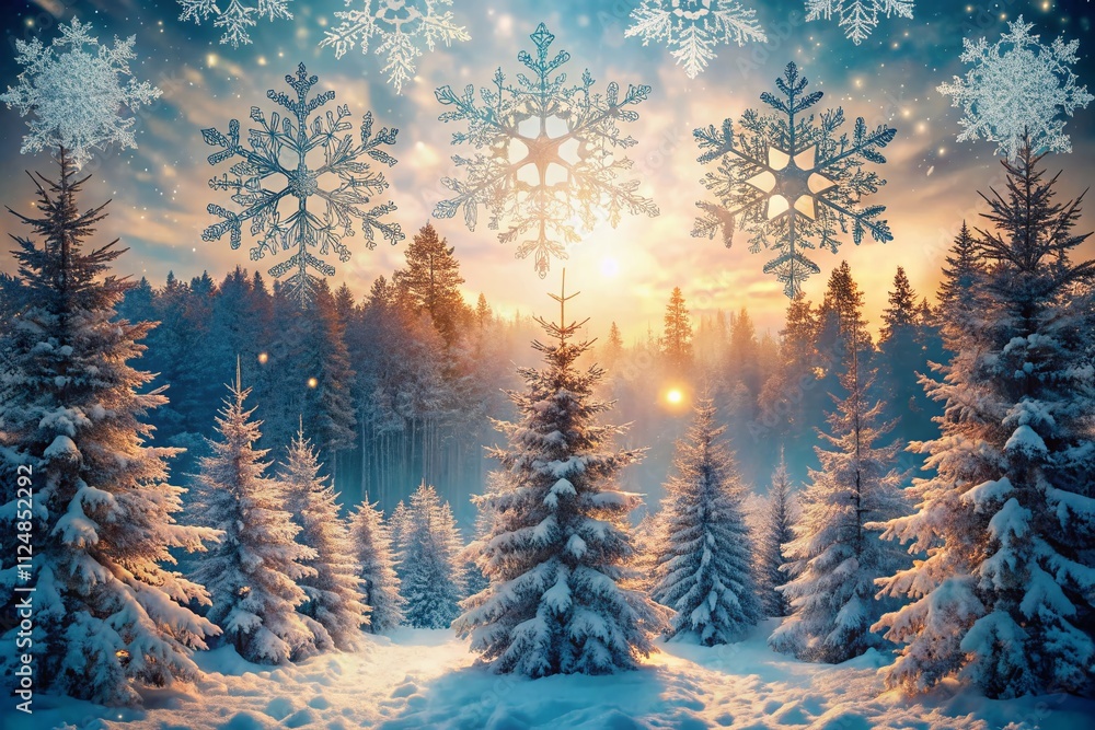 Poster captivating double exposure of a frozen winter forest blending with a dreamy landscape of snow-cover