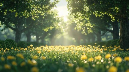 Obraz premium Sunlit Meadow: A Serene Spring Day in a Lush Forest