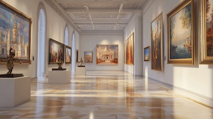 An art gallery with white walls displaying beautiful paintings.