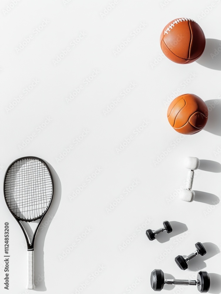 Poster dumbbells, a tennis racket, and sports balls are neatly arranged on a surface, leaving blank space i