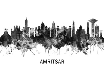 Obraz premium Amritsar Punjab Skyline BW, abstract painting travel poster urban landscape modern art downtown skyline illustration landmarks skyscrapers artwork architecture