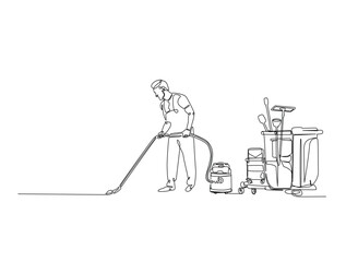 Continuous one line drawing of Janitor cleaning area with vacuum cleaner. Cleaning service worker in single line draw vector illustration. Editable vector.