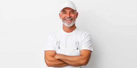 Obraz premium A man with a white shirt and a white hat is smiling. He is wearing an apron and has his arms crossed