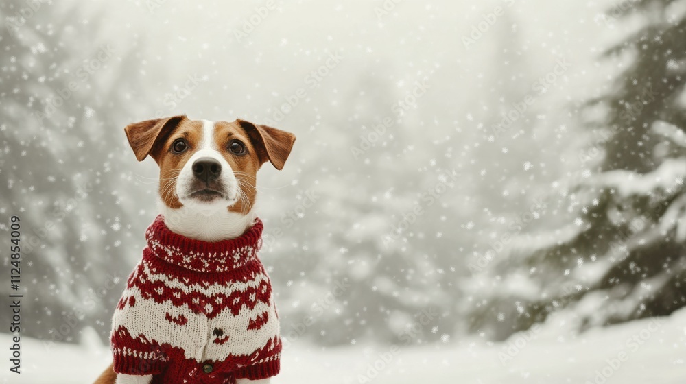 Aufkleber small dog wears a cozy red and white sweater while sitting in a snowy outdoor setting with trees in 