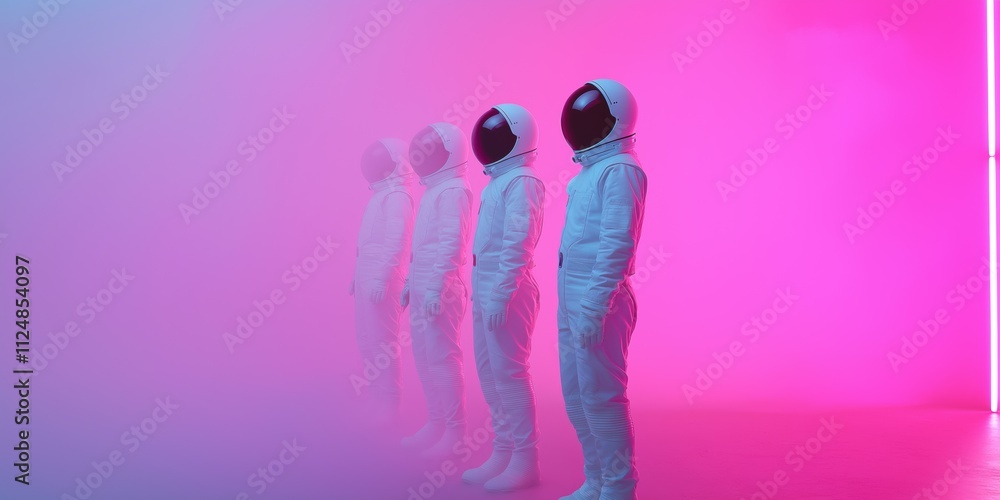 Poster four astronauts in white spacesuits stand in a line, with a pink background. the scene is surreal an