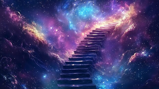 Fototapeta Journey through the cosmic pathway stairs to the infinite universe digital art cosmic landscape surreal viewpoint