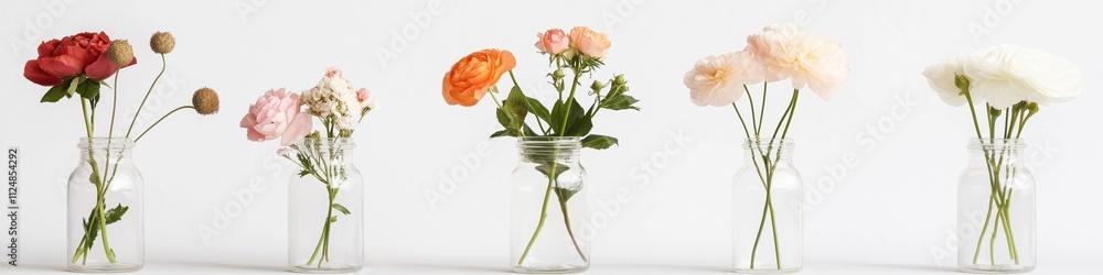 Poster a row of vases with flowers in them. the vases are of different sizes and are arranged in a line. th