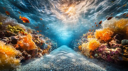 Underwater journey along a coral pathway vibrant ocean marine life scenic environment serene viewpoint nature's wonders