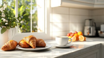 Morning Coffee and Croissants on Sunny Kitchen Counter