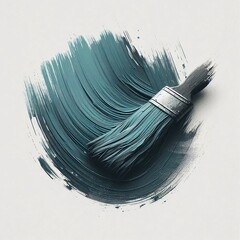 A paintbrush spreads thick teal paint on a textured canvas creating a visually appealing and...