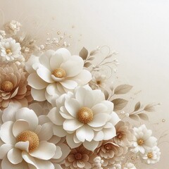 Elegant Floral Arrangement Featuring White and Gold Flowers with Artistic Leaves and Stems in a Soft, Neutral Background Illustrating the Harmony and Tranquility of Nature's Beauty and Serenity