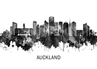 Obraz premium Auckland New Zealand Skyline BW, abstract painting travel poster urban landscape modern art downtown skyline illustration landmarks skyscrapers artwork architecture