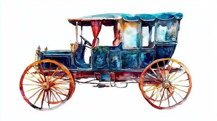 Antique Watercolor Painting Of A Horse Drawn Carriage