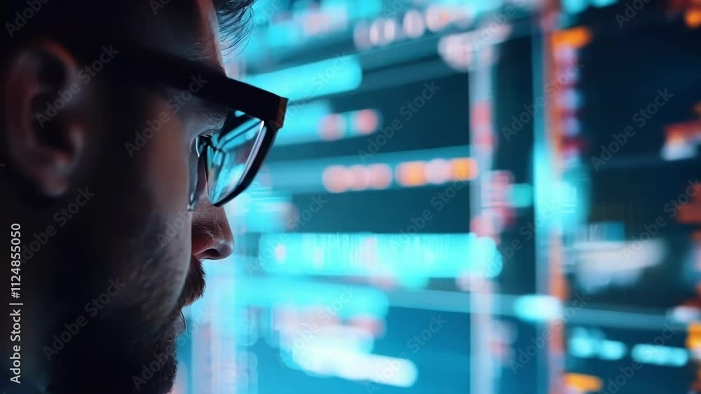 Poster software developer working late, reviewing code across multiple monitors