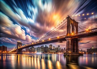 Obraz premium Captivating Double Exposure of the Brooklyn Bridge at Night with a Dreamy Blurred Sky for Stunning Visual Impact
