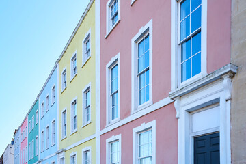 Exterior Of Colourful Pastel Houses In Redcliffe Parade East Street In Bristol UK