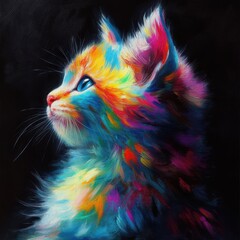 Fototapeta premium rainbow color cat on black background, colorful cat hairs seeing side view, cute white rainbow colored cat with cute face of cat, cat face portrait with rainbow colored illustration