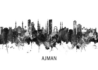 Ajman UAE Skyline BW, cityscape buildings city skyline architecture illustration abstract modern painting travel poster landscape print urban art