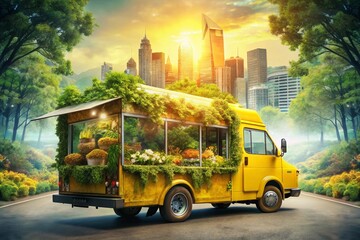 Obraz premium Captivating Double Exposure Photography Featuring a 3D Illustration of a Yellow Food Truck Surrounded by Nature and Urban Elements for a Unique Culinary Experience