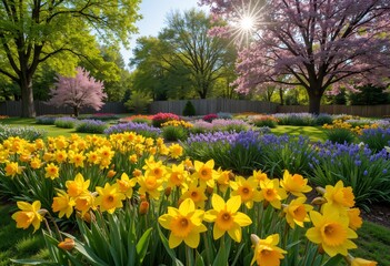 Obraz premium Blooming spring garden with vibrant flowers