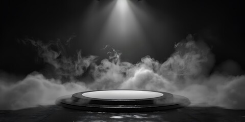 Black podium on a black background with smoke