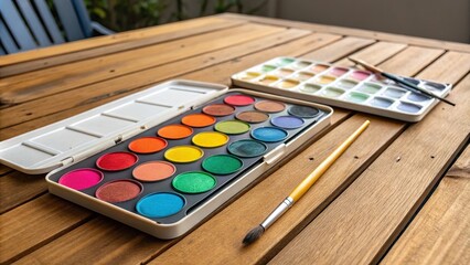 Naklejka premium Colorful Paint Palette on Wooden Table, colors, painting materials