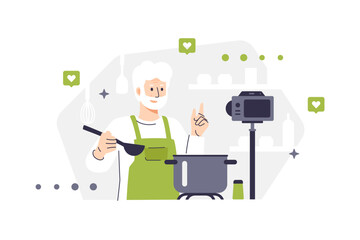 Male character in apron cooking soup according to recipe. Vector illustration of elderly bearded chef recording cooking process on camera. Man in home environment preparing food. Kitchen background