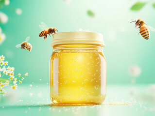 Bees buzz around a glass honey jar surrounded by colorful flowers, showcasing nature's beauty in a serene setting