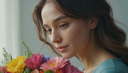 Fototapeta premium Young woman with a thoughtful expression holding a bouquet of colorful flowers against a soft background