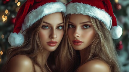 Two Stunning Women Wearing Santa Hats Smiling Against a Festive Background Highlighting Joy and Holiday Spirit