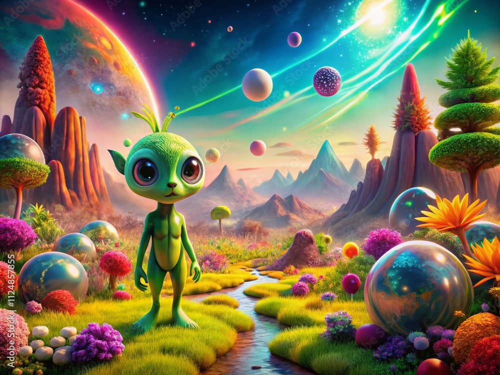 Poster captivating double exposure photography of a cartoon alien exploring a surreal world in a 3d rendere