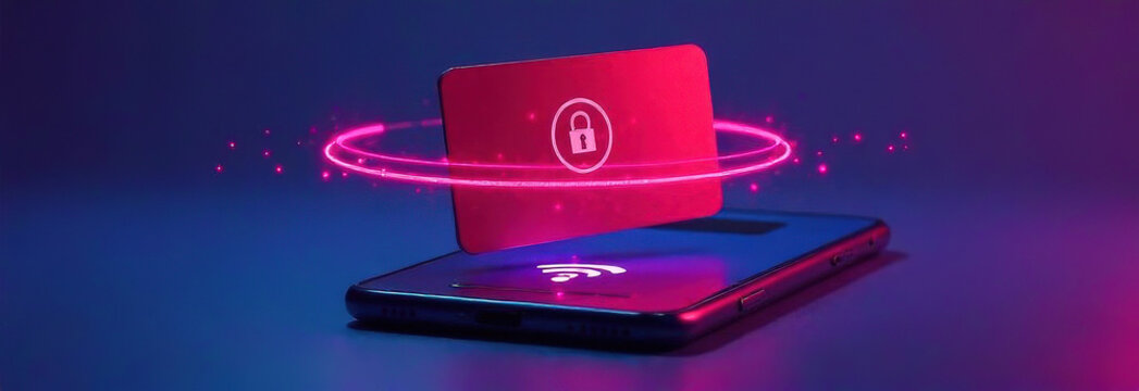 banner. Red credit card with a lock icon floats above a smartphone emitting neon light on a blue and purple glowing background, representing secure digital payments