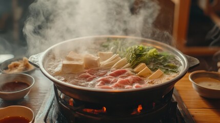 Steaming Japanese Shabu Shabu Hotpot with Fresh Ingredients