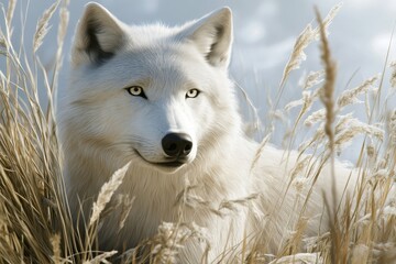 Obraz premium Majestic white wolf resting in tall grass during a serene winter morning