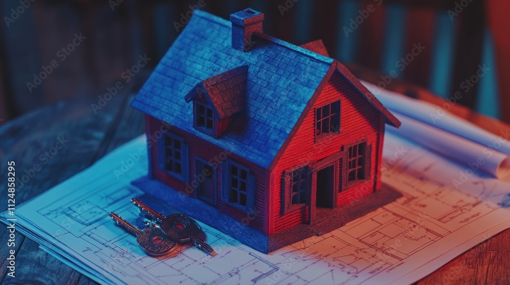 Poster red house model on blueprints with keys.
