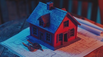 Red house model on blueprints with keys.