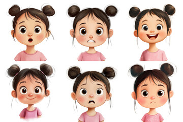 Photo collage of 6 children emotions, girl aged 4-6 years old, cartoon illustration