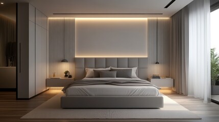 Modern bedroom interior design with gray bed, indirect lighting, and large window.