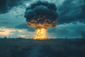 Nuclear bomb explosion and mushroom shaped cloud of smoke and fire. Testing nuclear weapon. Nuclear danger during Russian-Ukrainian war. Generated AI