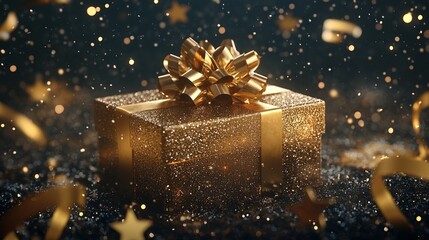 Gift Box With a Golden Bow on Top and Festive Decorations in a Soft Glowing Setting