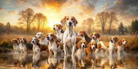 Captivating Double Exposure Photography of a Poitevin Dog Merging with a Pack of Foxhounds in a Serene Natural Landscape Reflecting Their Hunting Spirit and Bond
