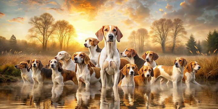 Captivating Double Exposure Photography of a Poitevin Dog Merging with a Pack of Foxhounds in a Serene Natural Landscape Reflecting Their Hunting Spirit and Bond